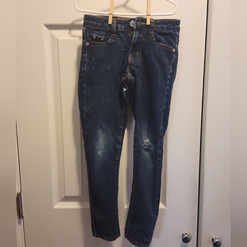 Girls' straight leg distressed & embellished jeans